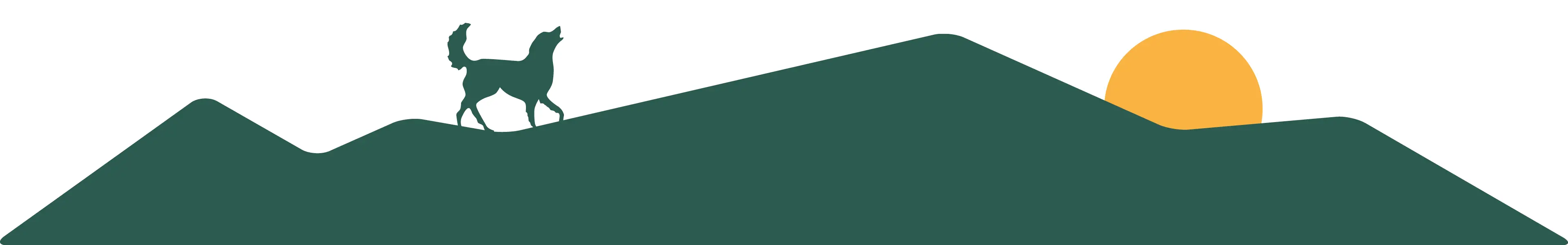 Abbinder Wildes Land: Illustration einer Landschaft mit grünen Hügeln, einer Silhouette einer Katze und eines Hundes, sowie einer gelben Sonne im Hintergrund.